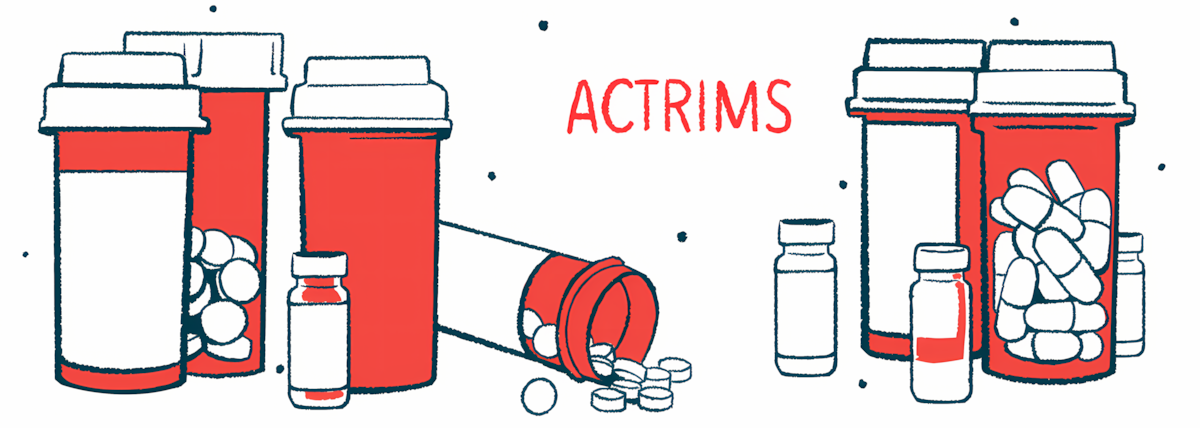 An oral prescription medicine bottle is seen on its side, with pills spilling out, alongside a handful of other medication bottles, in an illustration labeled with the word ACTRIMS.