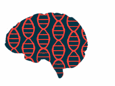 The human brain is shown in profile with DNA chains superimposed on it lengthwise.