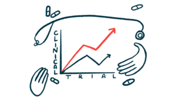 A clinical trial illustration shows a line chart surrounded by hands, a stethoscope, and pills.