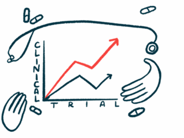 A clinical trial illustration shows a line chart surrounded by hands, a stethoscope, and pills.