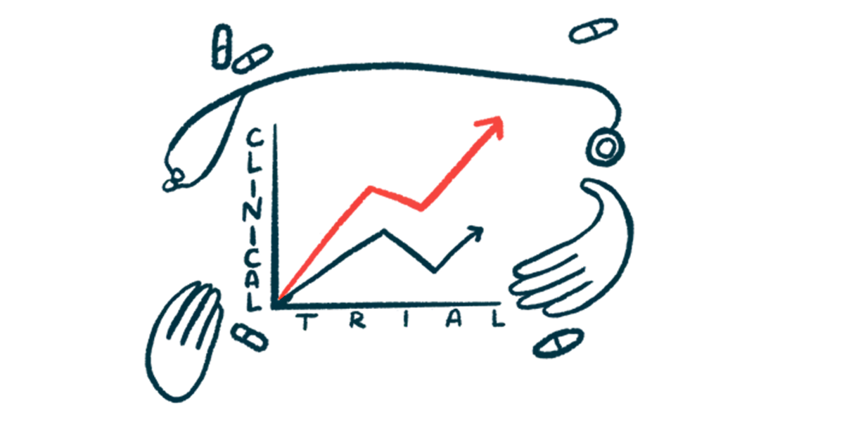 A clinical trial illustration shows a line chart surrounded by hands, a stethoscope, and pills.