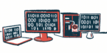 Computer monitors display binary code in this illustration.