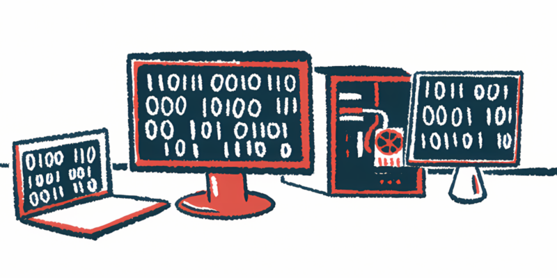 Computer monitors are shown displaying binary code.