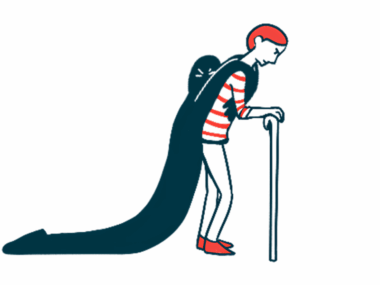 In this illustration of fatigue, a person walking with a cane is seen weighted down by a shadow figure hanging from his shoulders.