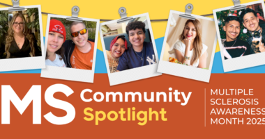 Five photos showing individuals affected by multiple sclerosis, who are sharing their real-life stories during MS Awareness Month, are hung with clips on a string above the words 'MS Community Spotlight.'