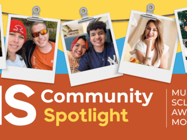 Five photos showing individuals affected by multiple sclerosis, who are sharing their real-life stories during MS Awareness Month, are hung with clips on a string above the words 'MS Community Spotlight.'