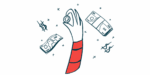A hand holds up a coin amid dollar signs and packets of money.