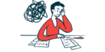 A dark cloud hangs over a clearly frustrated person sitting at a desk filled with paperwork.