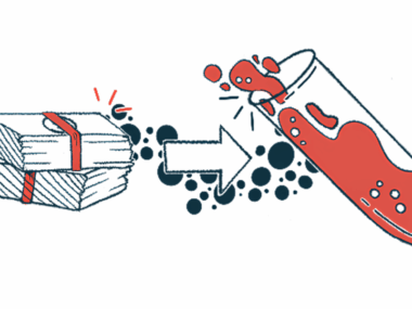 An arrow points away from a stack of money to a vial of liquid, signifying the role of fundraising in research.