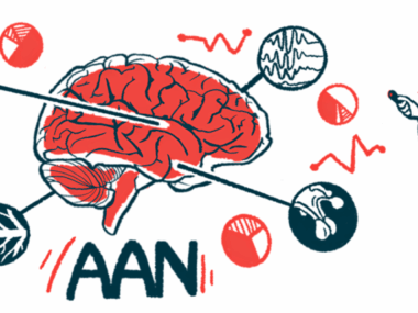 A scientist points to highlighted regions of the human brain, appearing above the letters AAN, in an illustration for the American Academy of Neurology annual meeting.