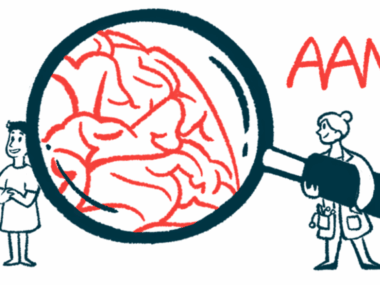 This illustration for the American Academy of Neurology's annual meeting shows a doctor holding a gigantic magnifying glass highlighting a person's brain.