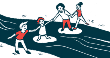 People of different ages hold hands as they cross a creek in this illustration about collaborating.
