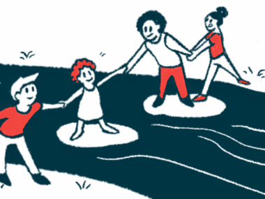 People of different ages hold hands as they cross a creek in this illustration about collaborating.