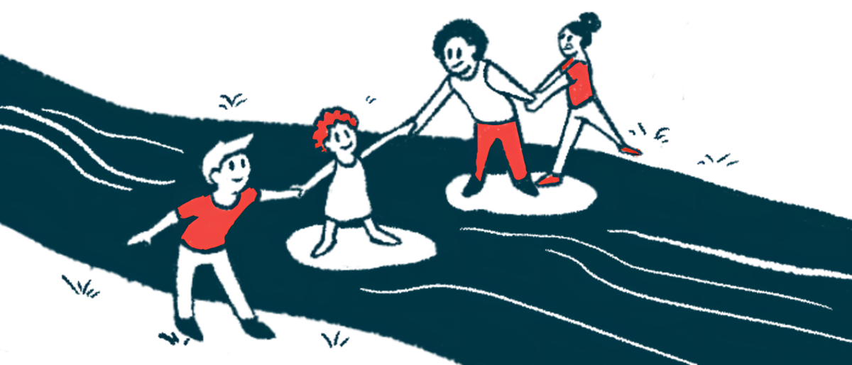 People of different ages hold hands as they cross a creek in this illustration about collaborating.