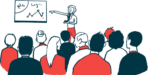 A speaker at a conference with a full audience points to a chart on a large poster.