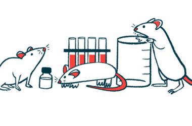 Mice sniff at and examine a beaker, test tubes, and a bottle on a laboratory table.