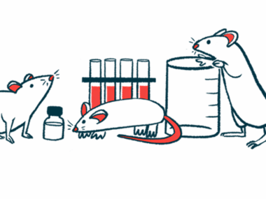 Mice sniff at and examine a beaker, test tubes, and a bottle on a laboratory table.