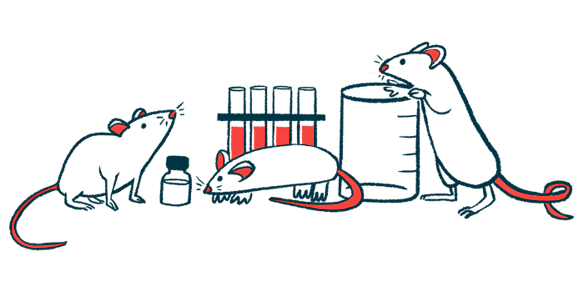 Mice sniffing and otherwise examining a beaker, test tubes, and a bottle on a laboratory table.