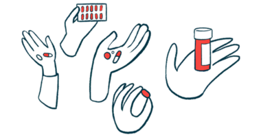 Several hands are shown, each holding pills or pill bottles.