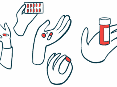 Several hands are shown holding oral medications, including ones in a pill bottle.