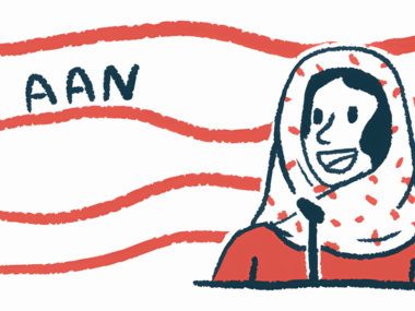 The acronym AAN is seen behind a person speaking at a podium in this American Academy of Neurology Annual Meeting illustration.