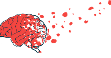 An illustration shows a profile image of a brain, with red blobs emanating from it, signifying damage.
