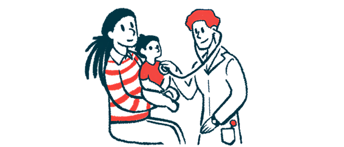 A doctor listens to a child's heart with a stethoscope as she sits on her mother's lap.