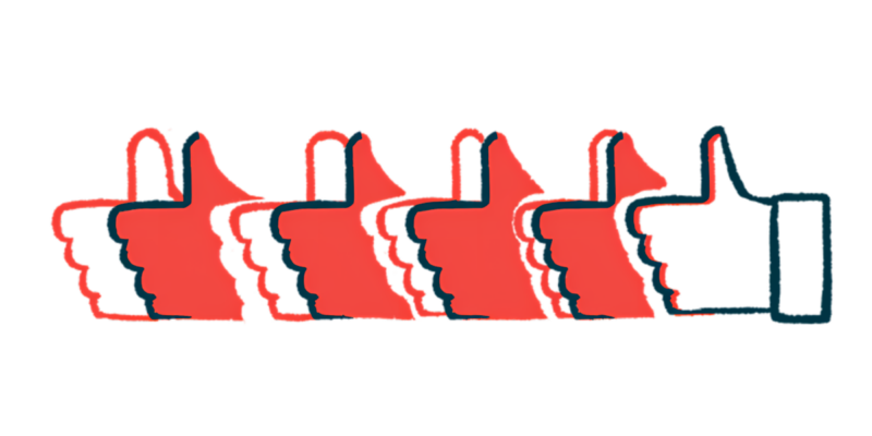 A line of hands flashes a thumbs-up sign.