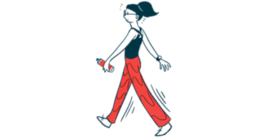 An illustration shows a woman walking and holding a water bottle.