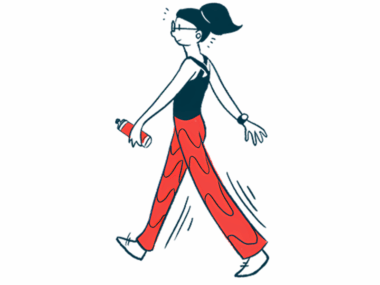 A person with a ponytail walks at a brisk pace while holding a water bottle.