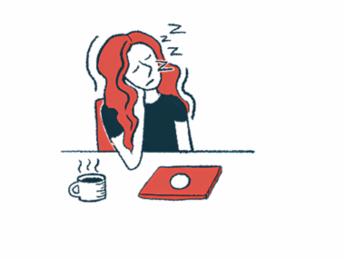 A woman sleeps while sitting at a desk with a cup of coffee and a laptop.