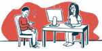 A patient sits with a doctor who is working at a computer.