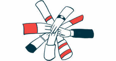Multiple hands come together in a circle in this hands-in illustration.