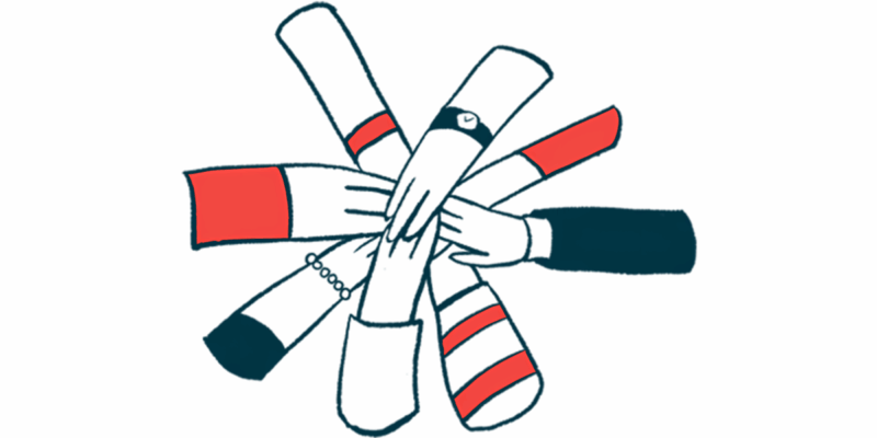 Multiple hands come together in a circle in this hands-in illustration.