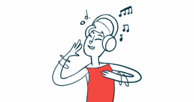 A person with a headset dances while listening to music.