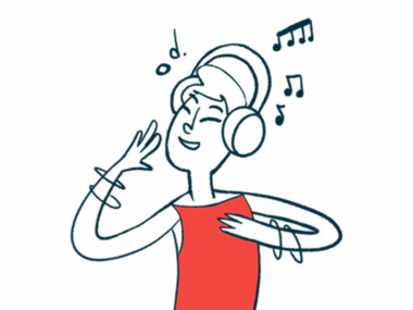A person with a headset dances while listening to music.