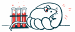 An oversized hand is seen holding a mouse next to a trio of vials in a lab.