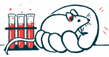 An oversized hand is seen holding a mouse next to a trio of vials in a lab.