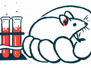 An oversized hand is seen holding a mouse next to a trio of vials in a lab.