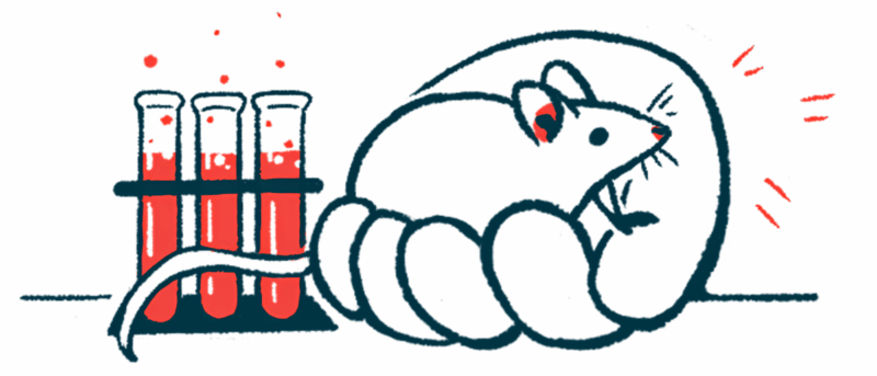 An oversized hand is seen holding a mouse next to a trio of vials in a lab.