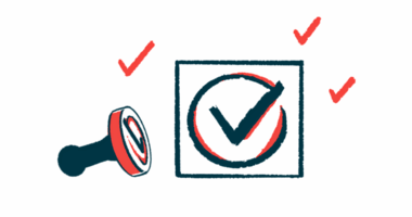 A stamp of a check mark lies on its side next to a stamp impression.