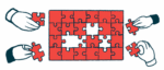 In this illustration representing collaboration, a mostly completed red puzzle is framed by four hands, each holding one of the missing puzzle pieces.