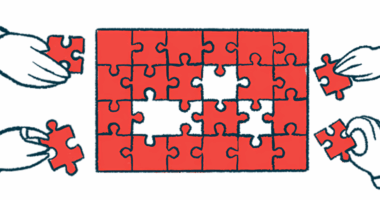 In this illustration representing collaboration, a mostly completed red puzzle is framed by four hands, each holding one of the missing puzzle pieces.