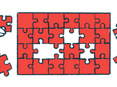 In this illustration representing collaboration, a mostly completed red puzzle is framed by four hands, each holding one of the missing puzzle pieces.