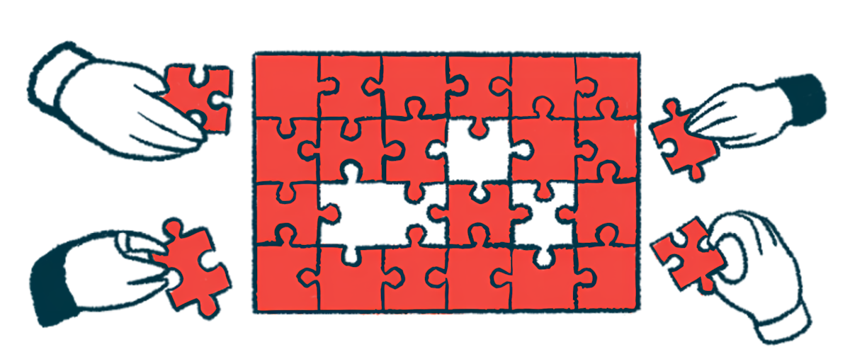In this illustration representing collaboration, a mostly completed red puzzle is framed by four hands, each holding one of the missing puzzle pieces.
