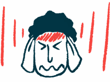 A person grimaces and holds his head while red lines are shown radiating from the forehead.