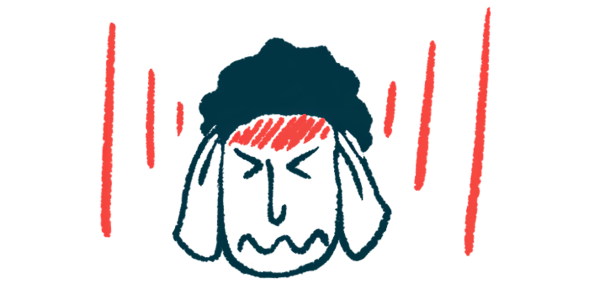 A person grimaces and holds his head while red lines are shown radiating from the forehead.