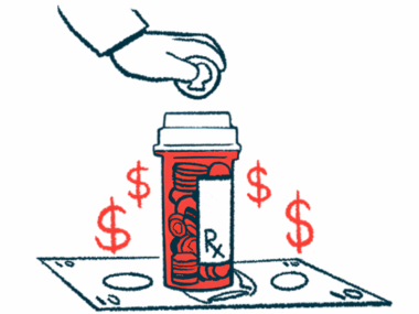 A hand is shown putting money into a pill bottle that's surrounded by dollar signs.