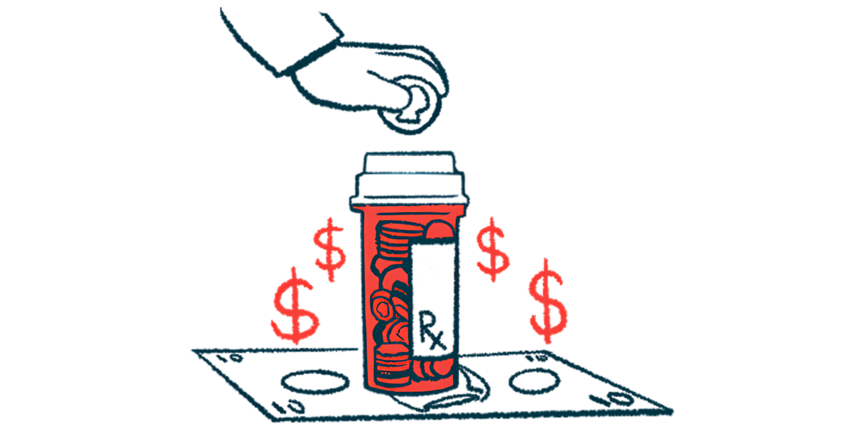 A hand is shown putting money into a pill bottle that's surrounded by dollar signs.