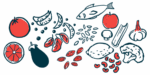 An illustration of a varied diet shows an assortment of fruits and vegetables, fish, and nuts and herbs.